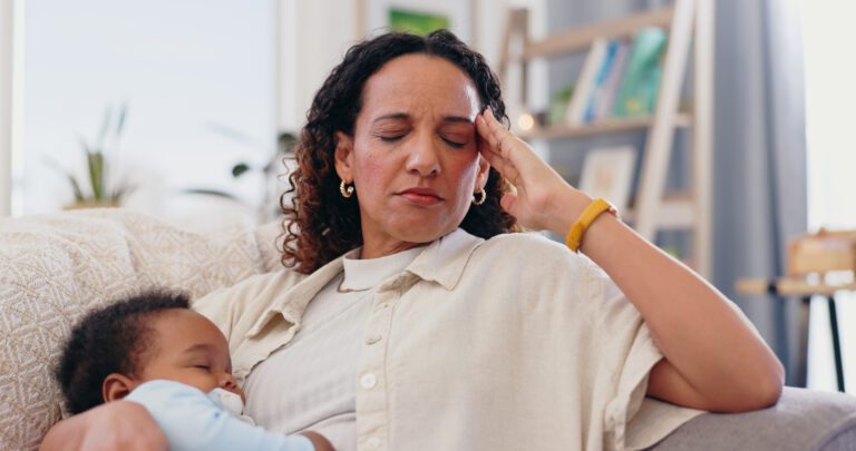 mom with headache or neurological condition, pain, symptoms, dizzy, head CT